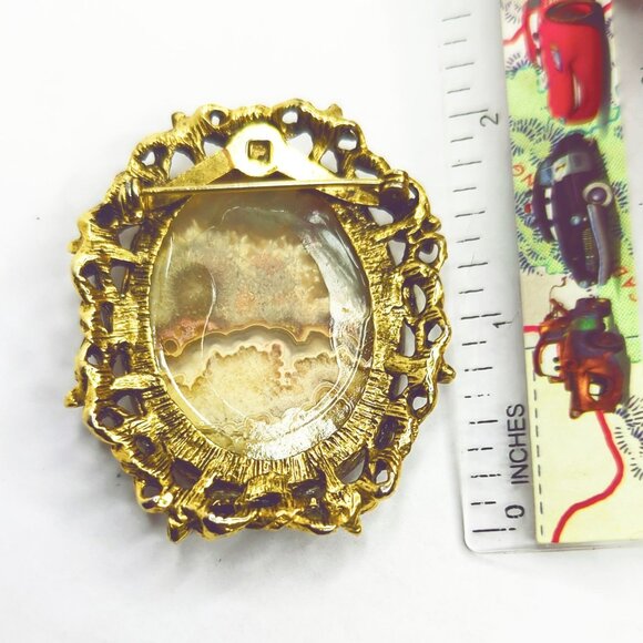 Vintage Agate Stone Cabochon Brooch Oval Gold-Tone Filigree Frame - Picture 5 of 5